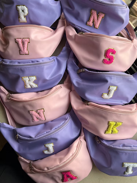 Personalized Pastel Fanny Bags with Chenille Alphabet Patches