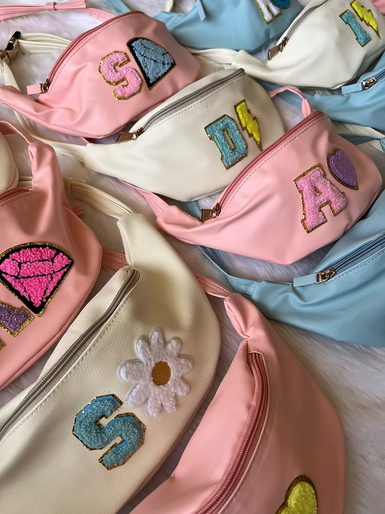 Personalized Pastel Fanny Bags with Chenille Alphabet Patches