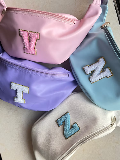 Personalized Pastel Fanny Bags with Chenille Alphabet Patches