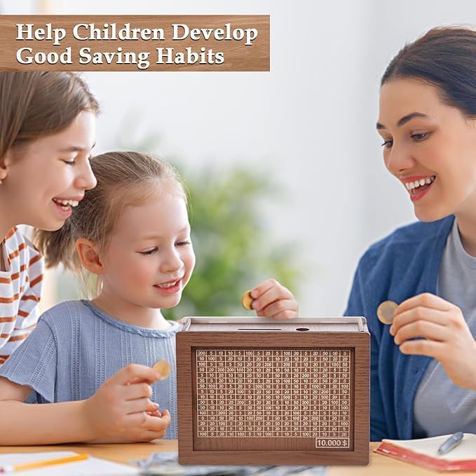 Piggy Bank, Wooden Coin Savings Box with Modern Carved Design for Kids and Adults,All Ages