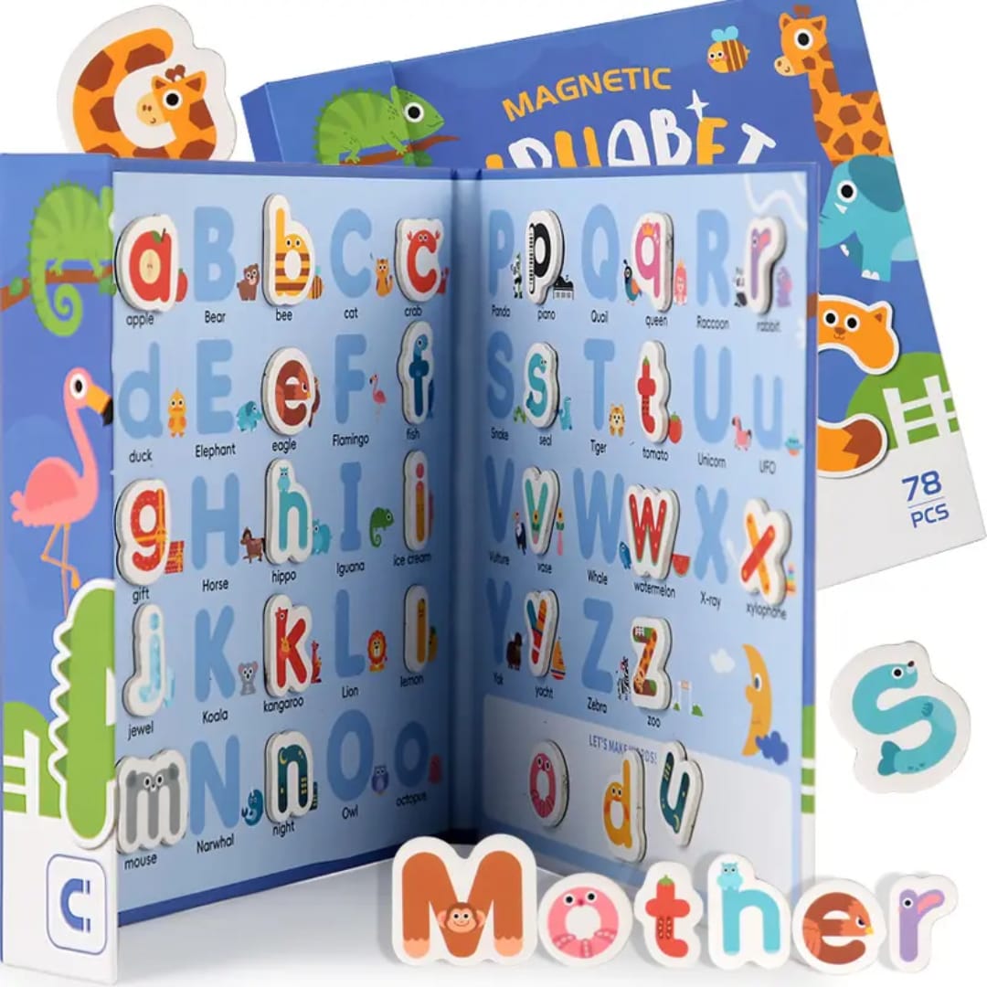 Animals Magnetic Alphabet Letters Learning Board, Foldable, Upper & Lowercase, Spelling, Fridge Magnets for toddlers 1-3
