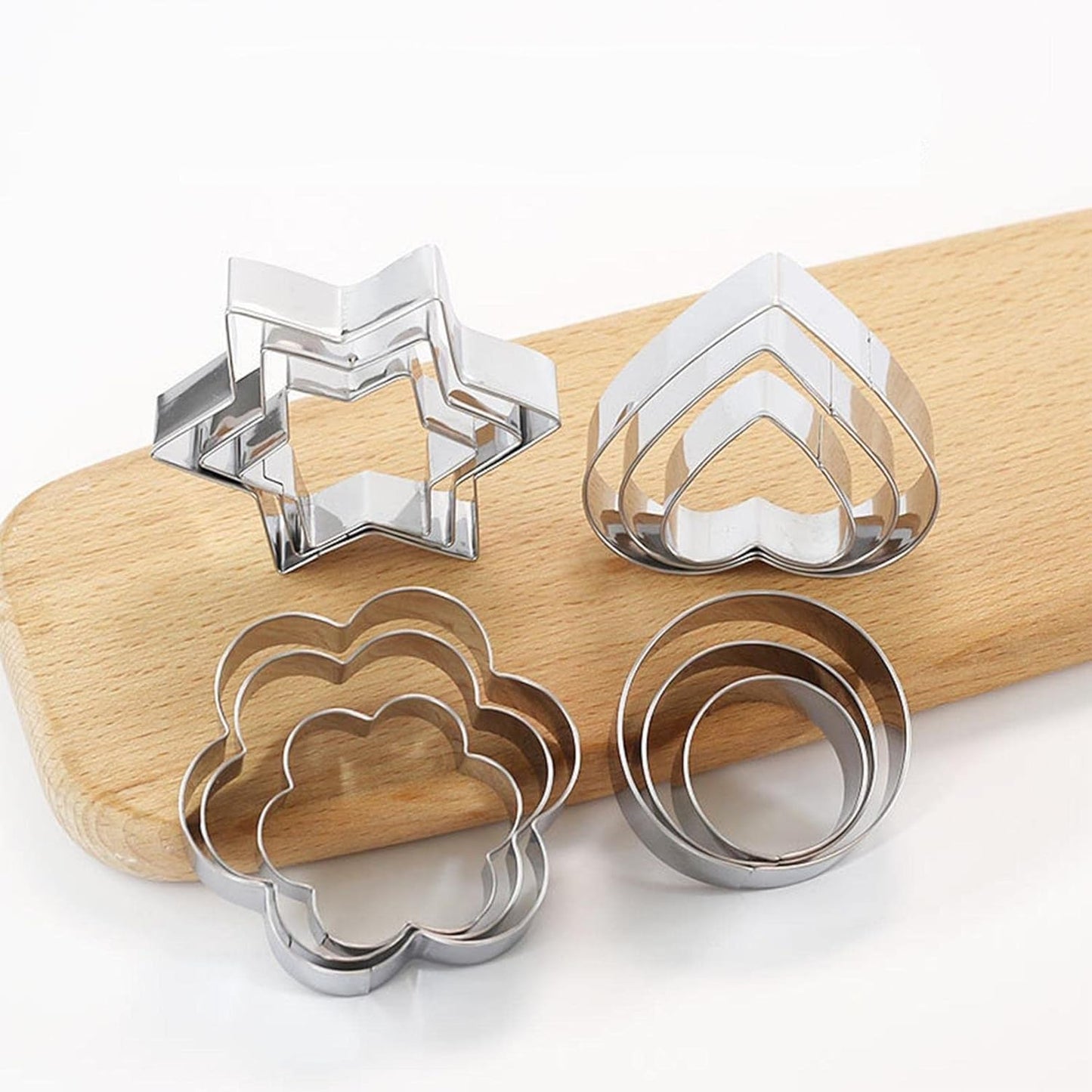 12 peices Stainless Steel Cookie Cutter with different Shapes - Heart, Round, Star and Round