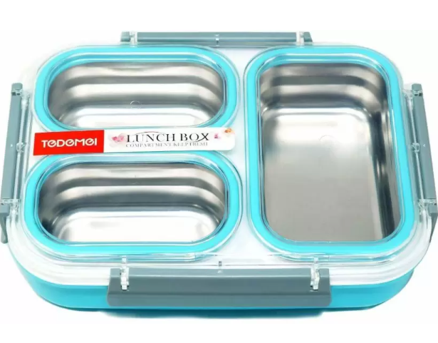 Tedemei Plastic & Stainless Steel Lunch Box/Tiffin Box - Leak Proof, Blue, 1.2 L