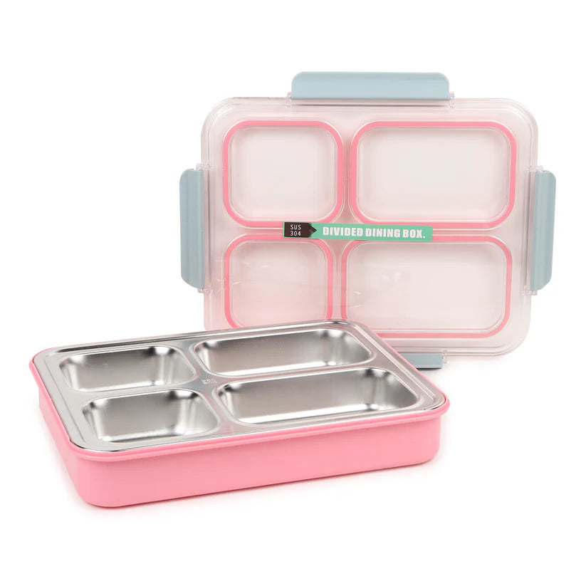 Stylish Stainless Steel Bento Lunch Box with 4 Compartments & Spill-Proof Design